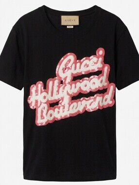Gucci Black Tee with Pink and White Sequin Logo